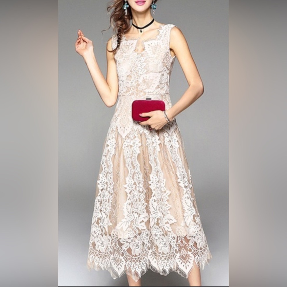 Metisu Elegant Lace Midi Dress Coquette Eyelash Hem Ivory M Romantic Formal